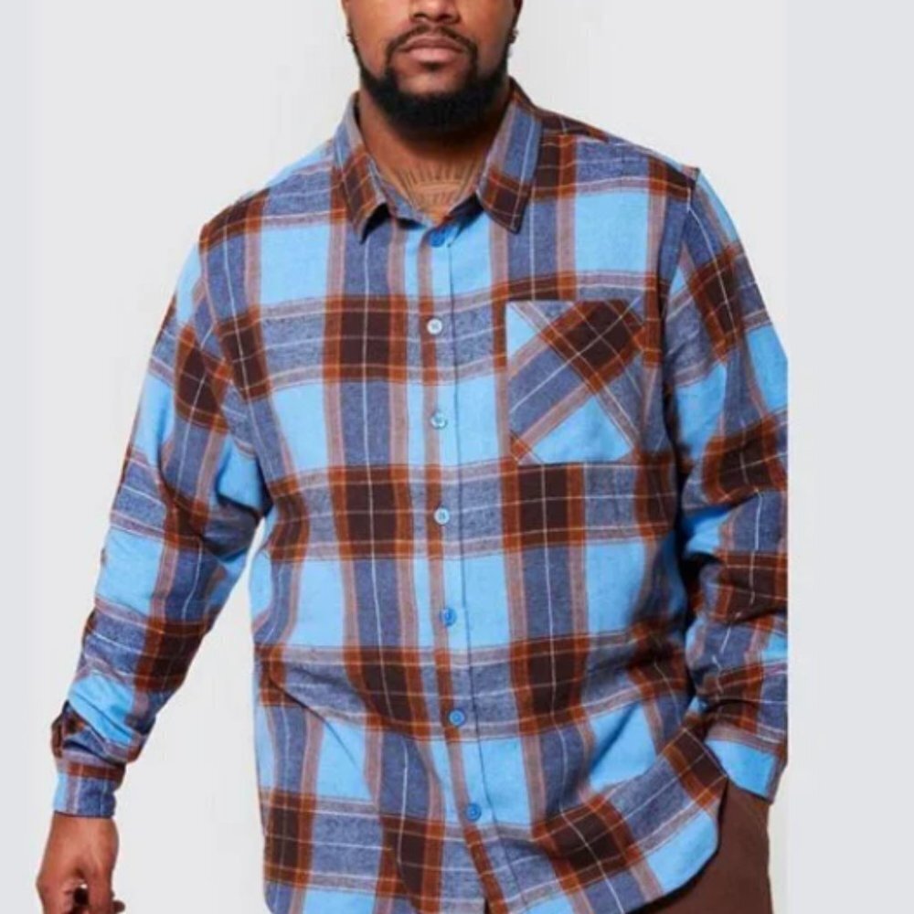 Boohoo Men's Plus Regular Fit Blue Check Shirt - 2XL